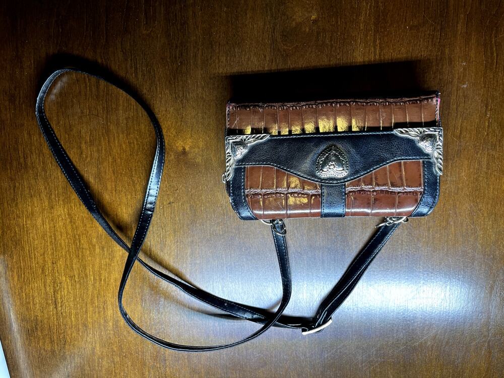 Brighton Croc Leather Crossbody Wallet Y2K Western Heart Bag Brown Black